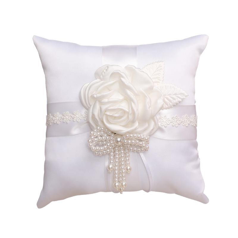 White Wedding Flower Basket Ring Pillow Set with Satin Rose Pearl Bow-knot Bride Girl Baskets Decor H-5714