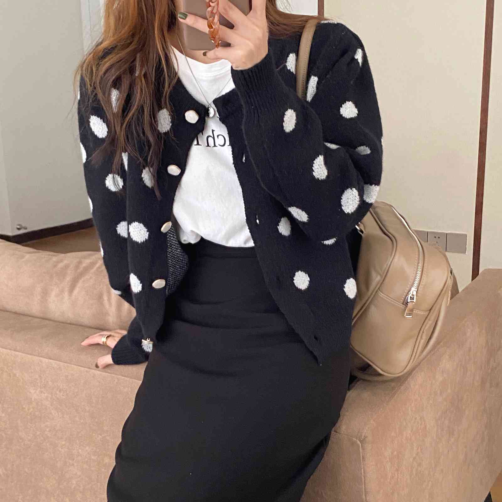 OL Outwear Tops Loose Dot Print Sweater Women Autumn Winter Elegant Long Sleeve Knitted Cardigan Female Sweaters 210421