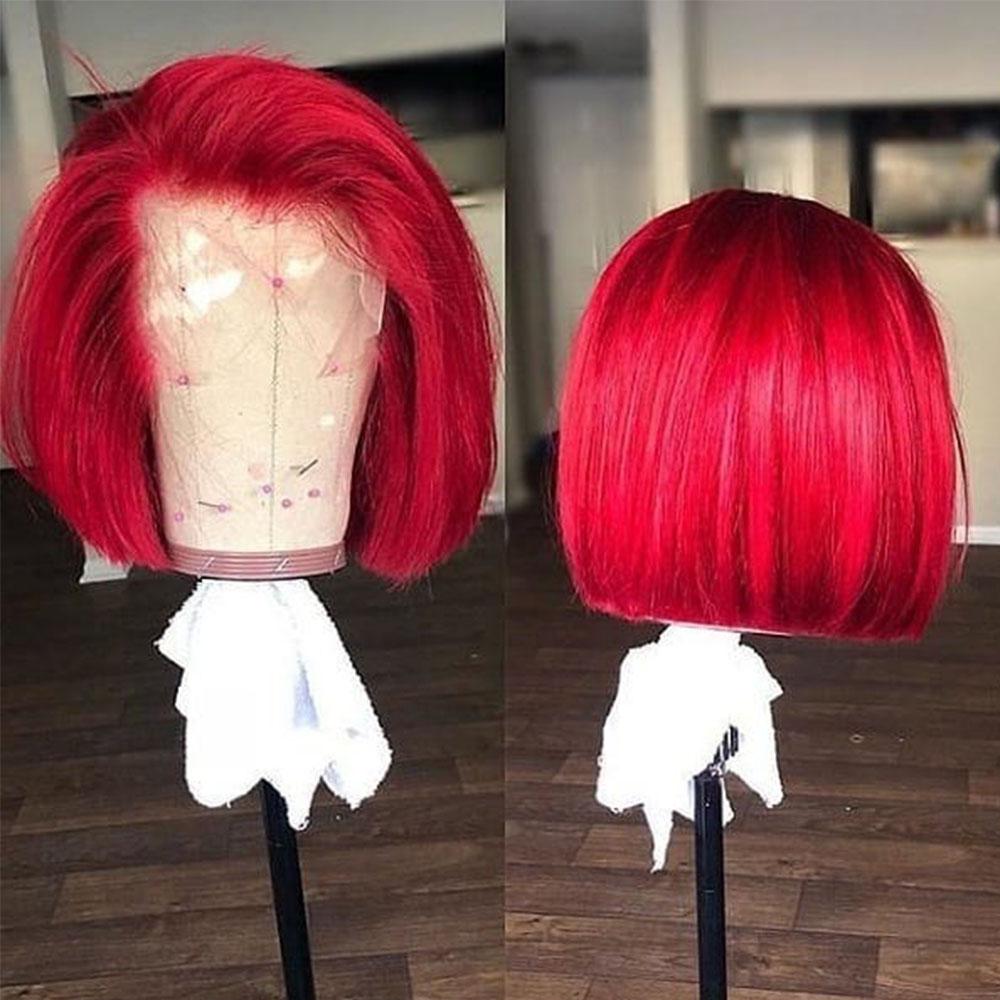 Short Bob Red Straight Lace Front Human Hair Wig Preplucked Hairline Peruvian Remy burgundy wig With Baby Hair