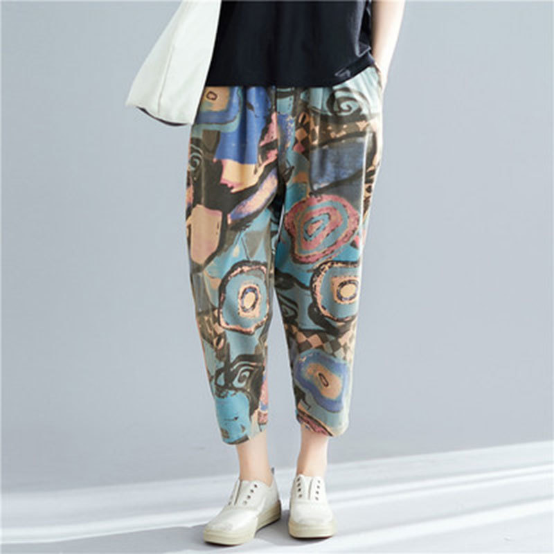 Summer Arts Style Women Elastic Waist Loose Ankle-length Pants Vintage Print Cotton Casual Harem Plus Size M622 210512