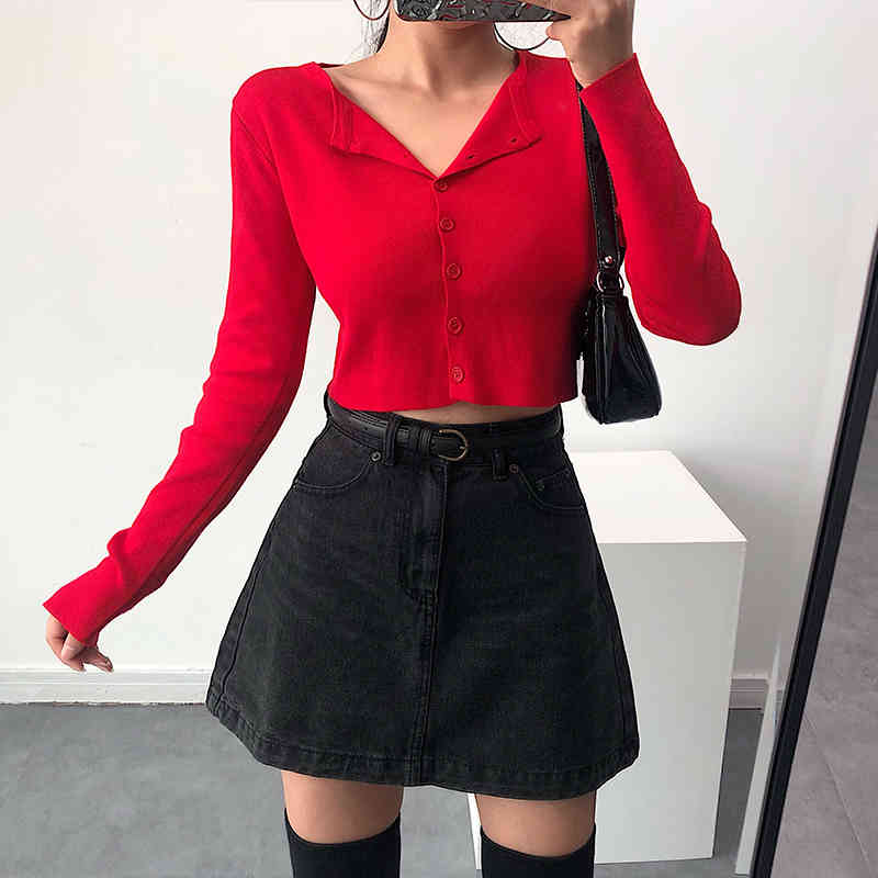 Vintage black red cropped cardigan Women crop Sweater Korean button knitted cardigans casual womens sweater 210521