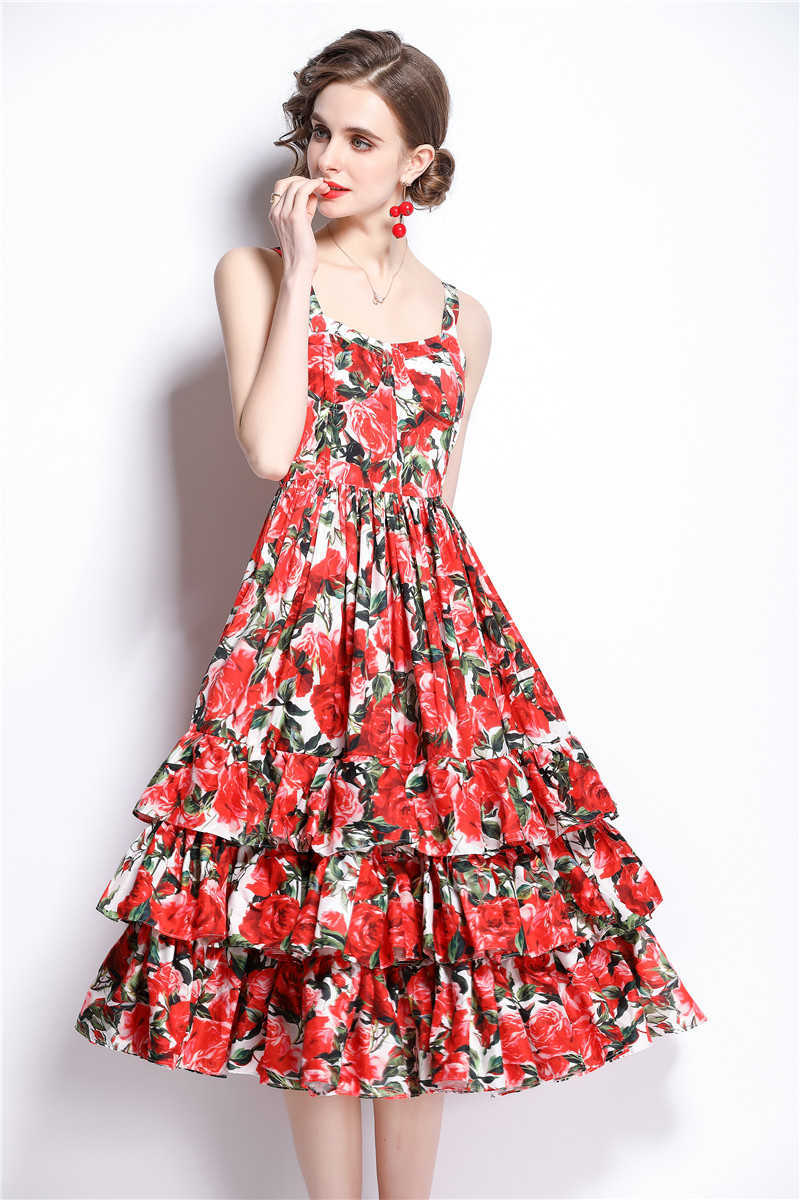Women Summer Elegant Rose Print Sexy Wedding Party Robe Femme Vintage Red Condole belt Cake Dress Vestidos 210525