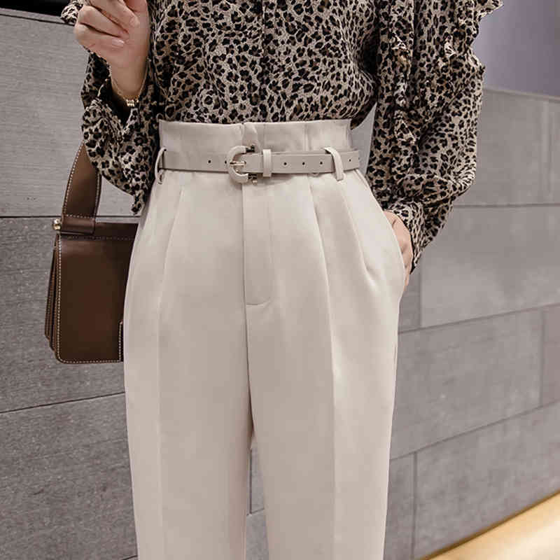 Spring Autumn Casual Suit Women's Workwear Solid High Waist Straight Pants Capris Trousers With Belt B11308P 210416