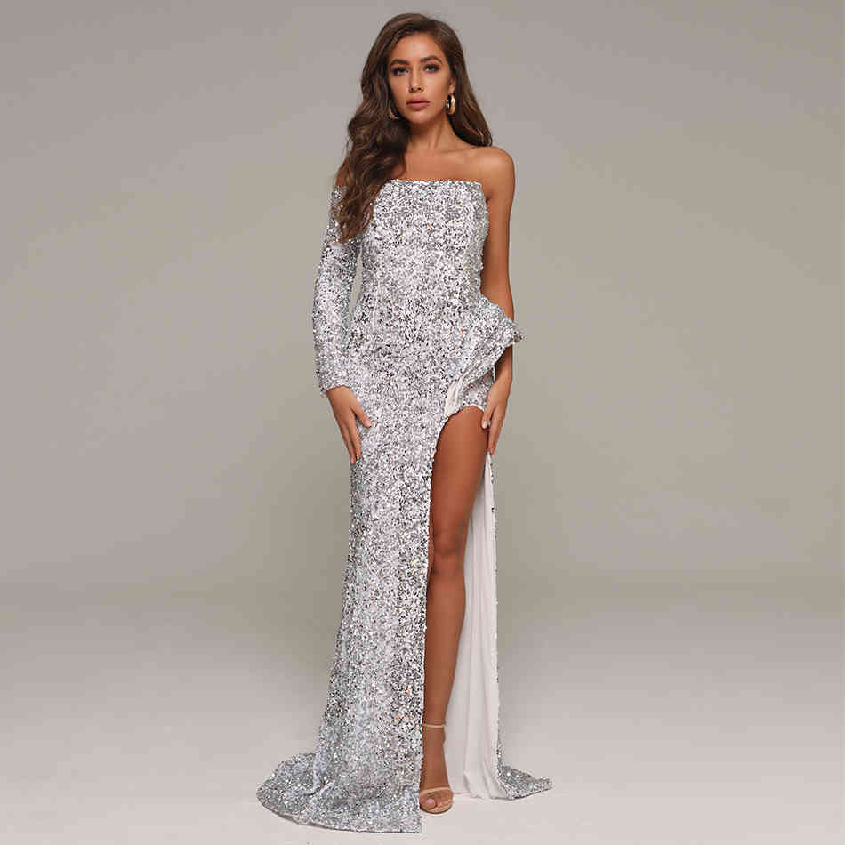 Summer Women Silver Sequins One Shoulder Long Sleeve Dress Sexy Floor Length Club Evening Runway Party Maxi 210423