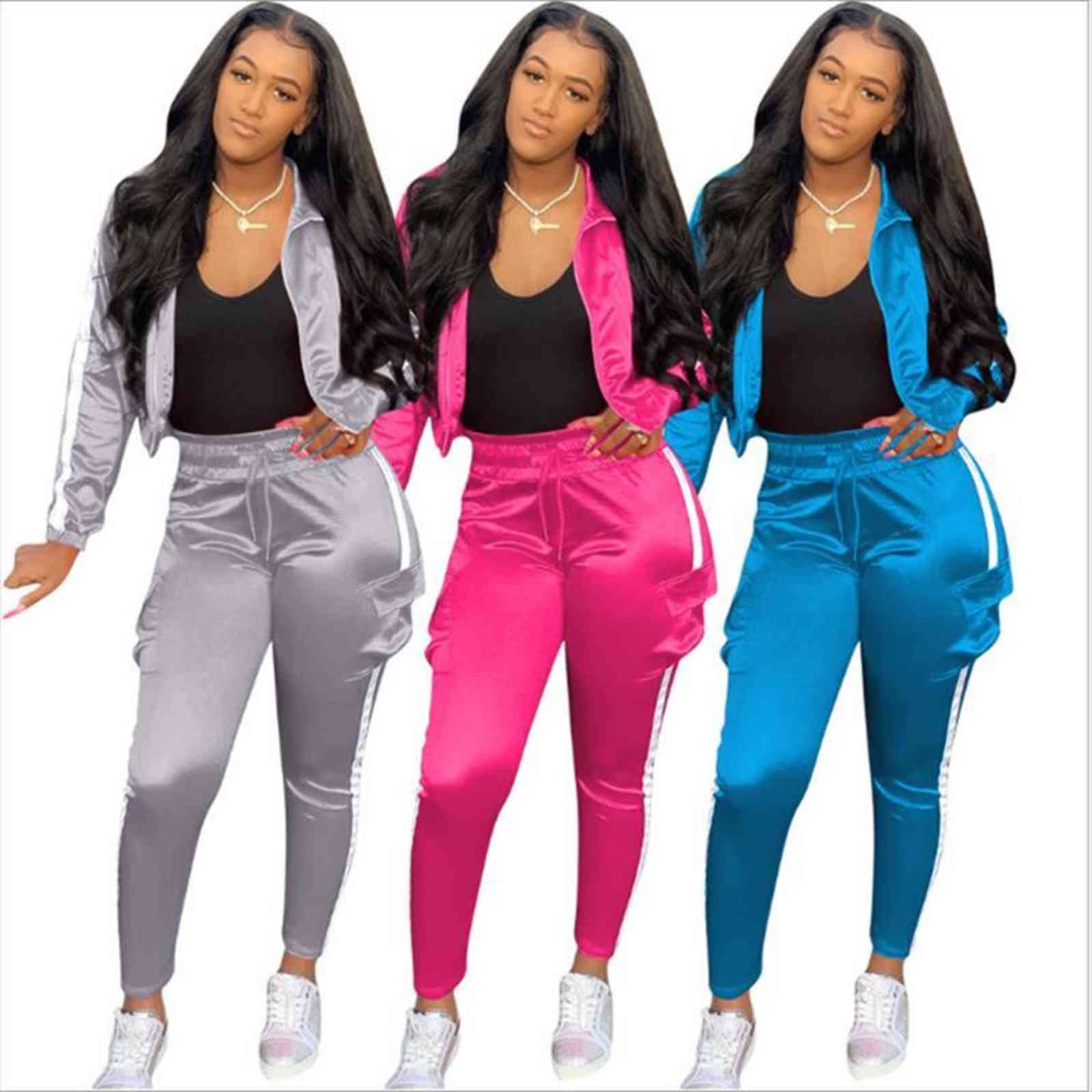 style 2 pieces suit set womenpant s long sleeve zipper coat and pants autumn casual with reflective strip, White
style 2 pieces suit set womenpant s long sleeve zipper coat and pants autumn casual with reflective strip, White