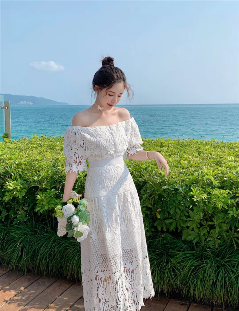 High Quality Embroidery Hollow Out Lace Dress Women Summer Sexy Off The Shoulder Long Party Vestidos 210520