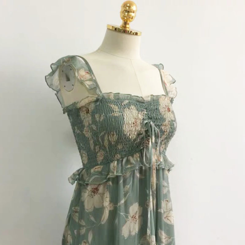 summer dress floral print spaghetii straps ruffles young style sweet beach green long 210421