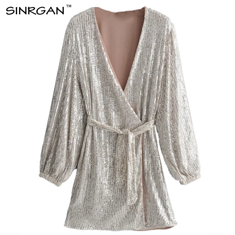 NANKEY Women Romilly Sequin Sexy Club Dress New Year V neck Sashes Silver Shining Evening Mini Dress 210409