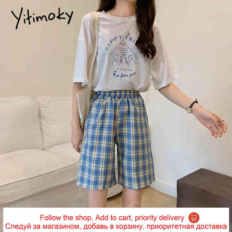 Bermuda Shorts Women Vintage Plaid High Waisted Shorts Woman Summer Blue Black Short Shorts Back Elastic Waist Checkerboard 210408