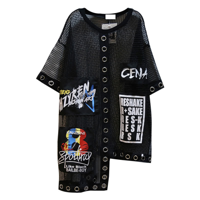 XITAO Women Summer Korea Fashion Oneck Short Sleeve Loose Tee Female Letter Print Patchwork Hollow Out Tshirt WBB3401 210406