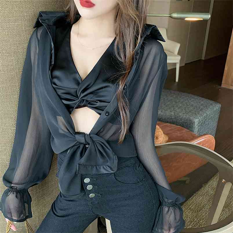 Spring Sexy Women See Through Blouse Black Chiffon Transparent Fashion Flare Sleeve Top And Vest Two Piece Set 210519, Photo color
Spring Sexy Women See Through Blouse Black Chiffon Transparent Fashion Flare Sleeve Top And Vest Two Piece Set 210519, Photo color