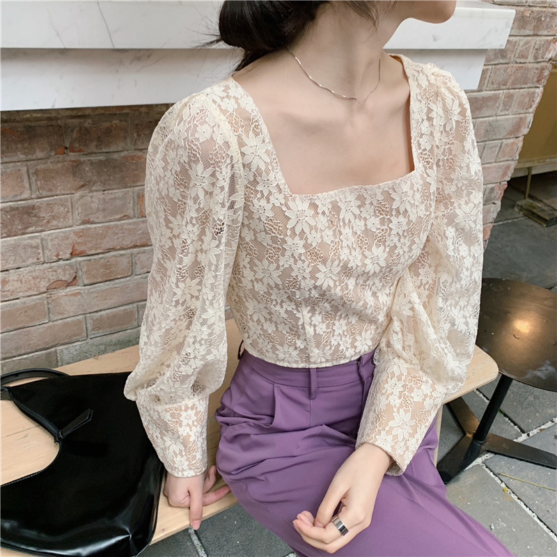 QOERLIN Puff Sleeve Embroidered Hollow Out Cropped Tops Spring Summer Retro Square Neck Blouse Women Short Lace Shirts Plus 210412
