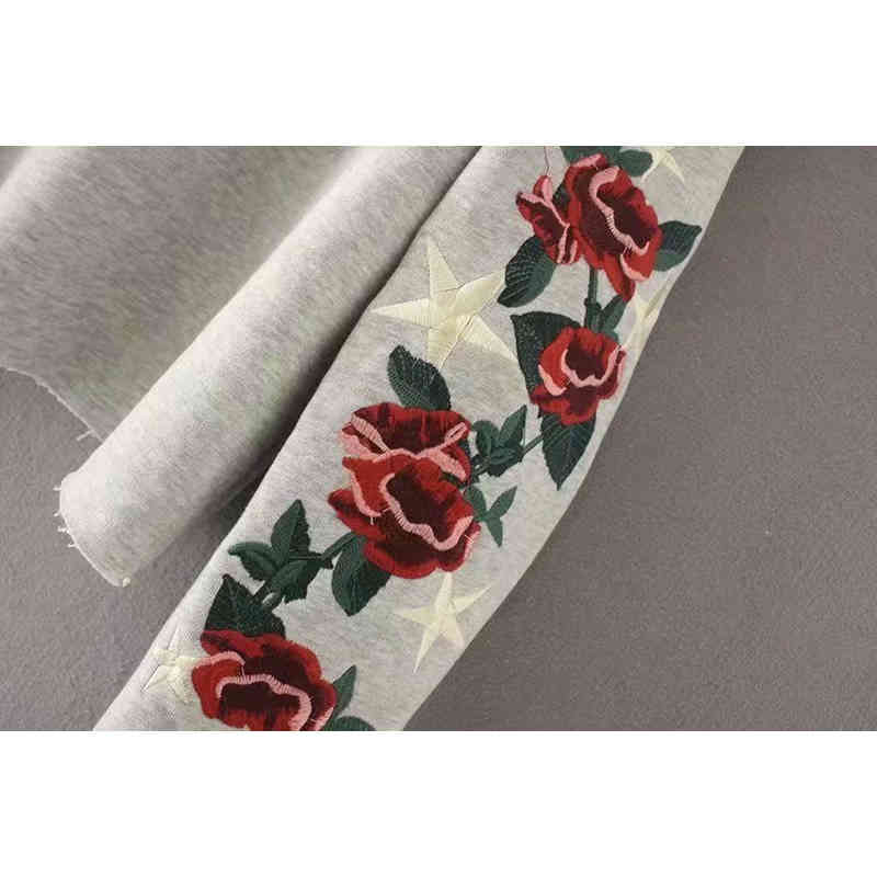 Women Fashion Flower Rose Embroidery Long Sleeve hm Hoodies Chic Ladies Hooded Collar Drawstring Casual Cotton Pullover 210421