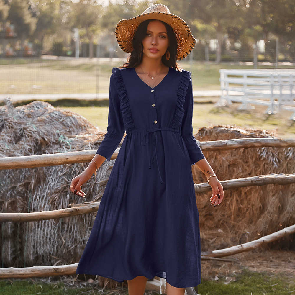 Spring Summer Women's Dress Casual cotton V-neck buttons 3/4 sleeve long dresses feamle sweet high quality 210524