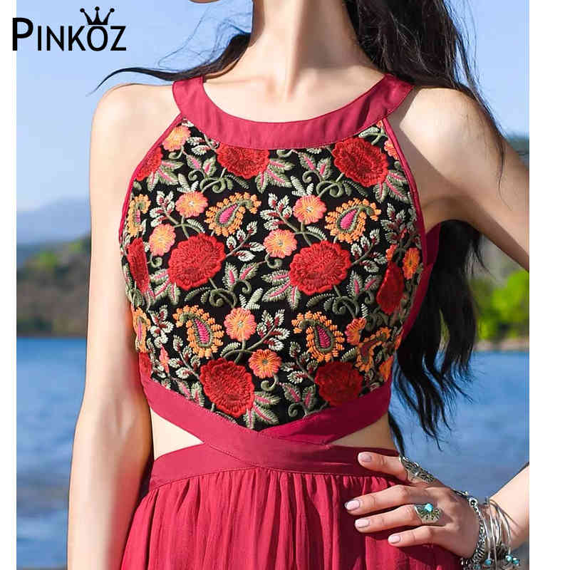 Bohemia Halter-neck Vest Boho Pleated Red Chiffon Beach Long Dress Women Floral Embroidery Elegant Ruffle Sexy Maxi 210421
