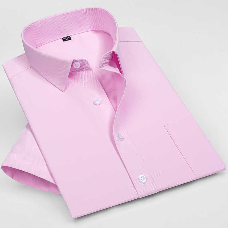 summer short sleeve striped regular fit non-iron easy care business men shirts no fade no shrink with chest pocket 210714