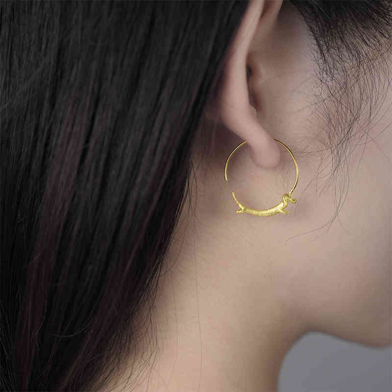 Lotus Fun Lovely Flying Dachshund Dog Big Round Hoop Earrings Real 925 Sterling Silver 18K Gold Earrings for Women Jewelry 210507