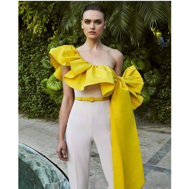 Sexy Prom Dresses Ruffles One Shoulder Satin Jumpsuits Women Formal Wear Ankle Length Elegant Party Evening Dress