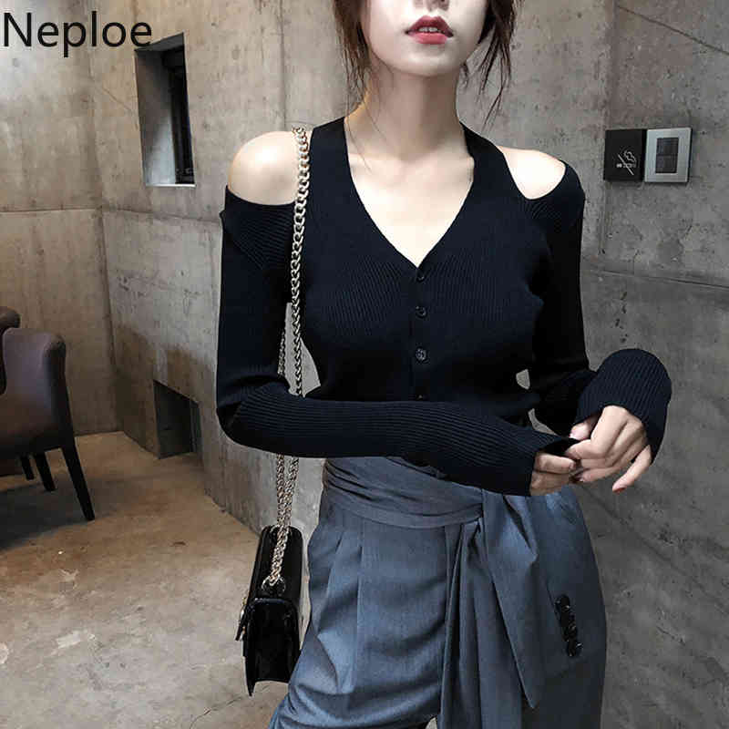 Neploe Off Shouder Halter Sweater Women Sexy V-neck Knitted Black Cardigan Korean Chic Sueter Slim Long Sleeve Sueter Tops 4G381 210422