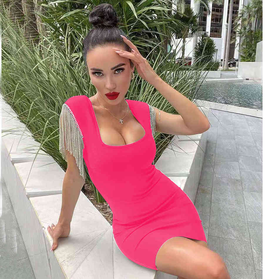 Summer Ladies Sexy Square Neck Tassel Diamond Mini Bodycon Bandage Dress Elegant Celebrity Club Banquet 210525