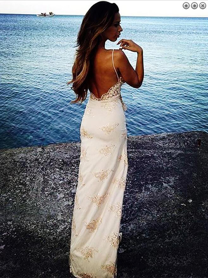 Sexy High Slit Lace Wedding Dresses With Spaghetti Straps White Lace Applique Champagne Satin Sheath Beach Backless bridal Gown Cheap