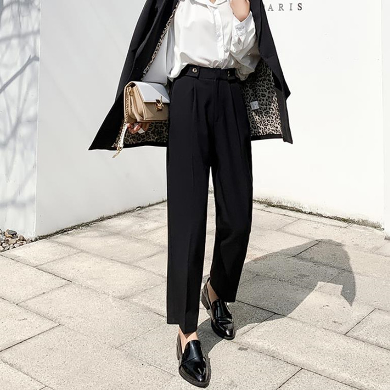 Plus Size Straight Suit Pants Women OL Style Spring Fall Work Wear Formal Capris Casual High Waist Trousers 210421
