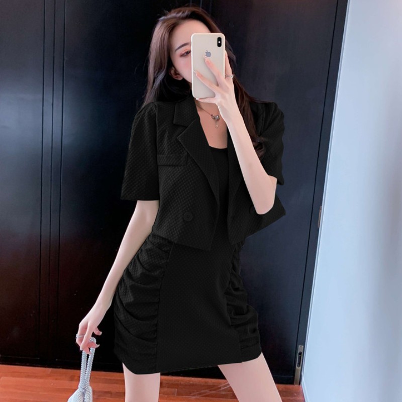 Korean Spring Fashion Two Piece Set Women Notched Short Sleeve Crop Top +Suspender Sexy Mini Dress Outfits 210519