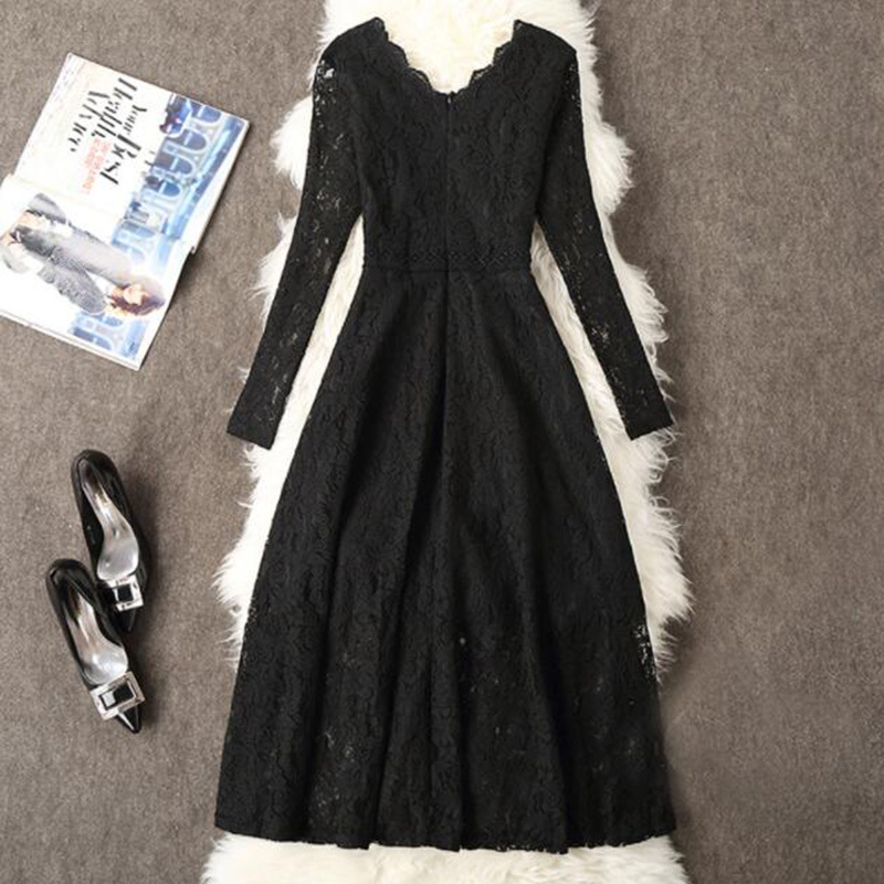Spring Women Long Sleeve Lace Dress Big Size M-3XL Dress Elegant Lady Long V-neck Dressess Vestidos Autumn Bottomings 210521