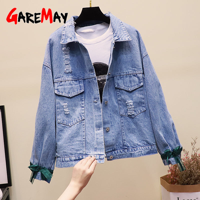 Women Embroidery Flowers Denim Jacket Turn-down Collar Jean for Loose Casual Ripped Holes Coat Female Outwear 210428