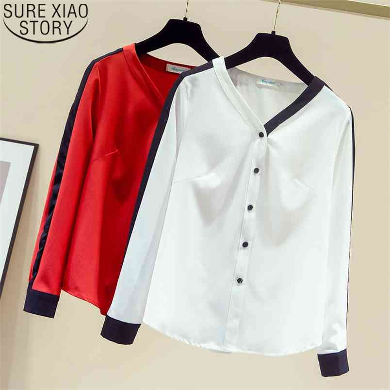 Spring and Autumn Chiffon Shirts Women V-neck Loose Tops Shirt Office Lady Blouse Korean Fashion Clothing Solid Blusas 11155 210506