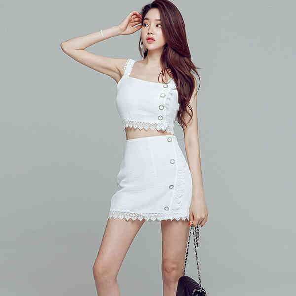 Summer Arrival Fashion 2 Piece Set Women Lace patchwork Sling Vest crop top + Bodycon Mini Skirt 210519