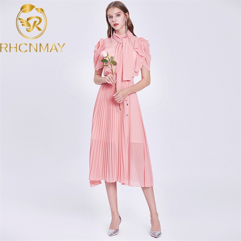 Vintage Elegant Bowknot Collar Pink Summer Chiffon Pleated Midi Long Dress Retro Office Lady Work with Button 210506