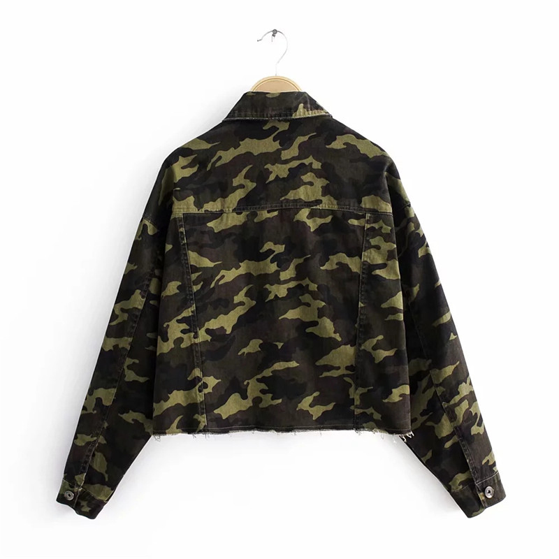 Women Fashion Camo Print Short Denim Jacket Female Autumn Streetwear Long Sleeve Army Green Office Attire Jackets Outwear 210421