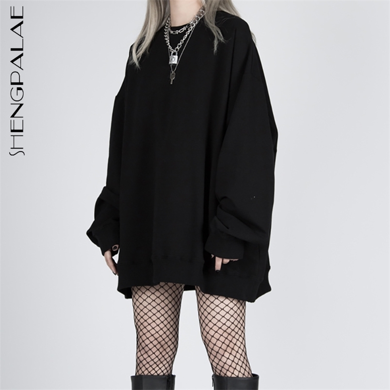 Minimalist Black Pullover Women's Spring Round Neck Large Size Long Sleeve Sweatshirt Female Fashion 5B244 210427
