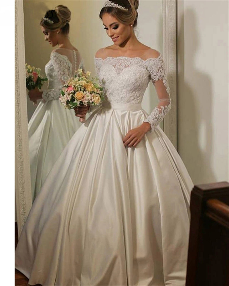 Ball Gown Vestidos Noiva Satin Wedding Dresses For Women Long Sleeve Bridal Gowns Pearl Lace Robe De Mariage 6660306