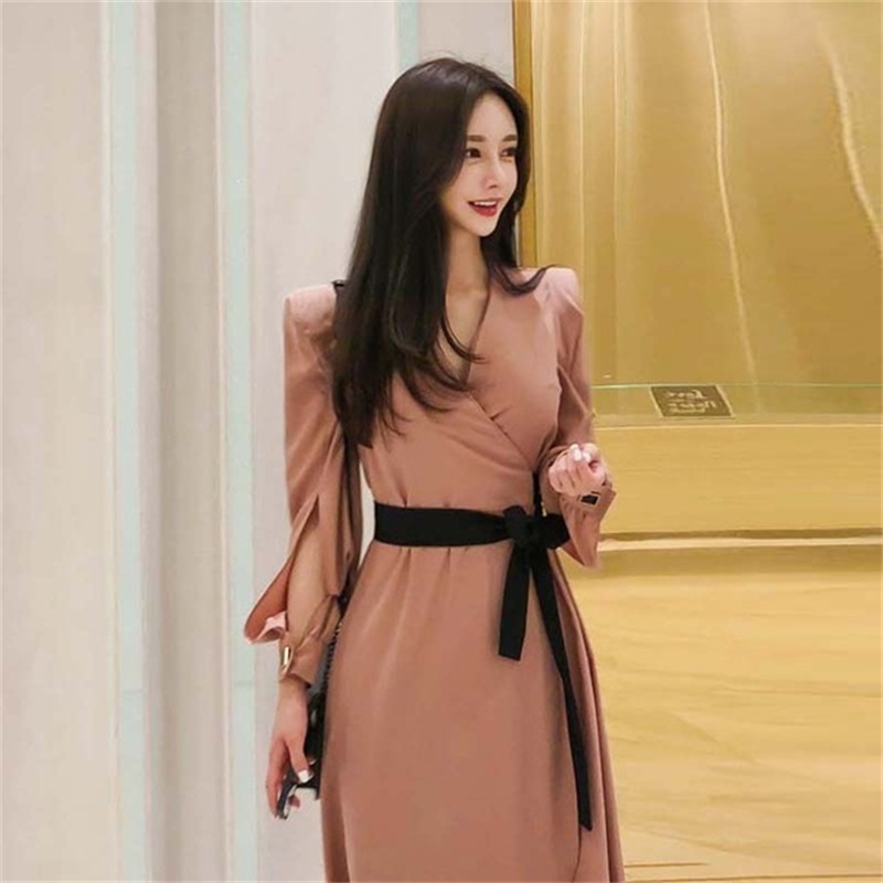 Criss-cross V-neck Bow Lace-up A-line Dress Women Autumn OL Business Dresses Sexy Elegant Ankle-length Vestidos 210519