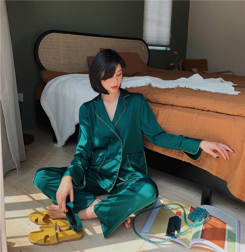 Summer Satin 2PCS Pajamas Suit Women Shirt&Pants Sleepwear Silky Homewear Pyjamas Casual Kimono Gown Intimate Lingerie Women's