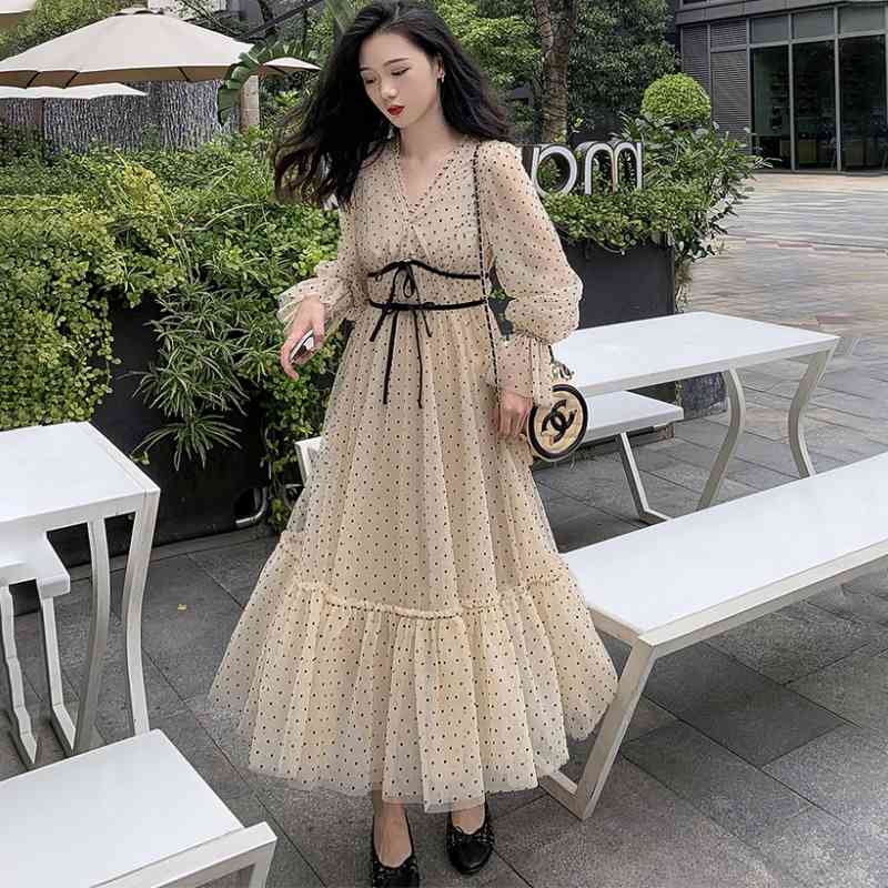 women's t-shirt french autumn polka dot mid long gauze thin dress of with cleavage v trumpet sleeves dressed bow u8pi, White 
women's t-shirt french autumn polka dot mid long gauze thin dress of with cleavage v trumpet sleeves dressed bow u8pi, White