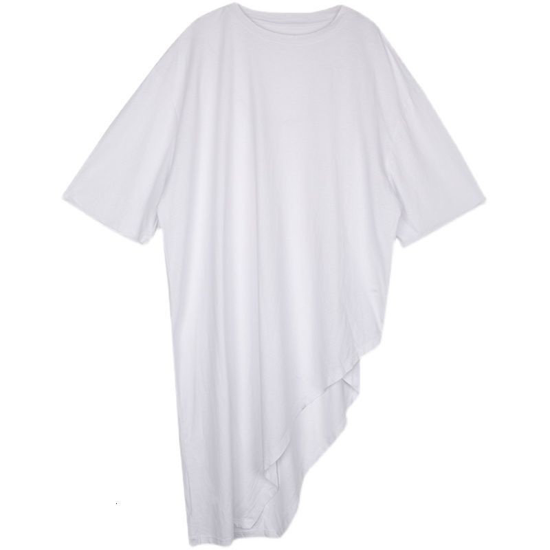 IEFB Non Iron Short Sleeve Loose Round Neck Casual Solid Color T-shirt Men's Asymmetric Mid Length White Tee 210524