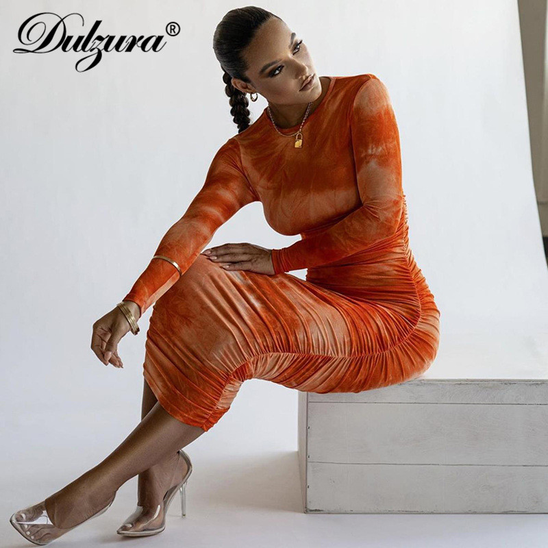 Dulzura Tie Dye Print Women Long Sleeve Ruched Midi Dress O Neck Bodycon Sexy Streetwear 2021 Autumn Winter Clothes Slim Club