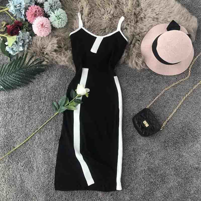 Vintage Women Dress Summer Stripe Splice Slim Sexy Knitted Dress Sleeveless Spaghetti Strap Split Bodycon Dress Vestido 210521