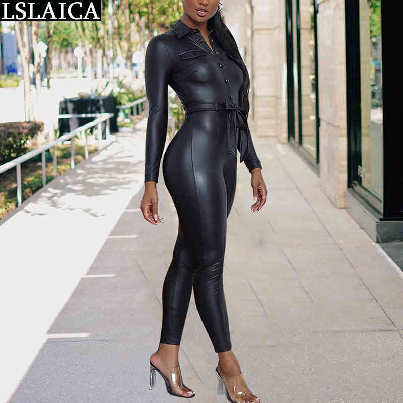 Leather Jumpsuit Romper Women Sexy Bodysuit Long Sleeve Sashes Plus Size Jumpsuits Skinny Club Outfits Ropa Mujer 210520
