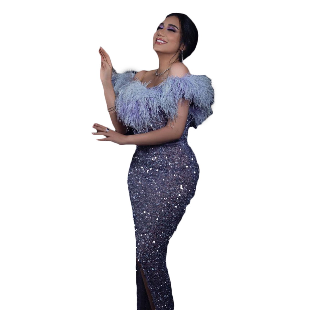 Crystal Mermaid Prom Dress Ostrich Feather Sexy Off Shouler Side Split Ruffles Party Dresses African Black Girls Illusion Sequins Evening Outfits Gown