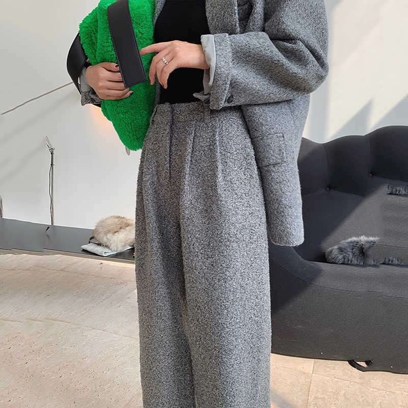 LANMREM High Waist Wide Legs Woolen Blend Trousers For Women Autumn Winter Gray Black Color Female Casual Pants 2C351 211115