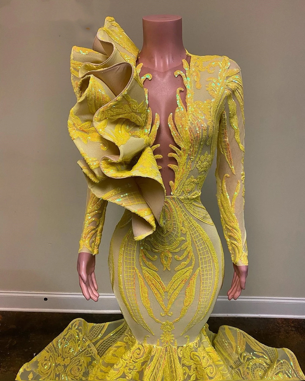 Long Mermaid Evening Dresses 2021 Sheer O-neck Long Sleeve Yellow ruffles Sequin African Black Girls Prom Party Gala Gowns