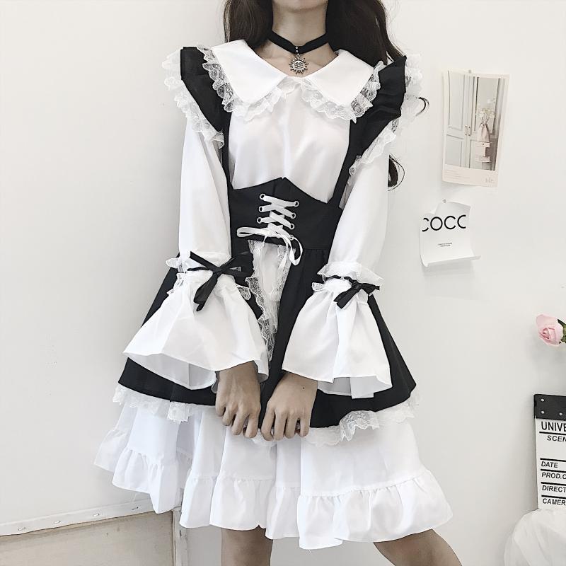 Sweet Black and White Lolita Dress Women Maid Costume Gothic Party Flare Sleeve es Japanese Style Vestido 13646 210427