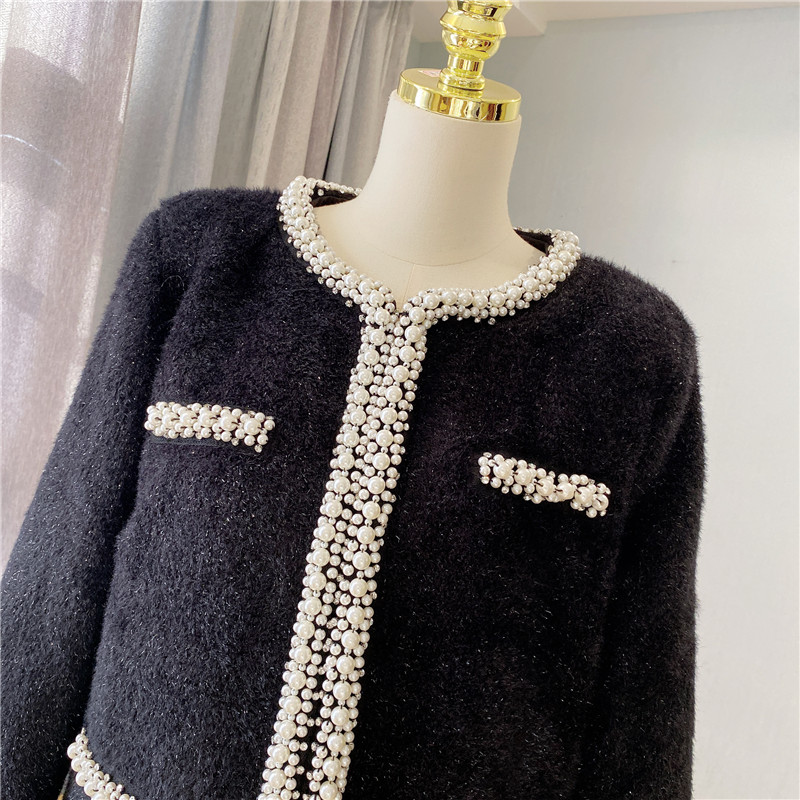 Autumnr Fashion design womens o-neck beading faux mohair wool warm lurex patchwork luxury slim waist coat jacket SML