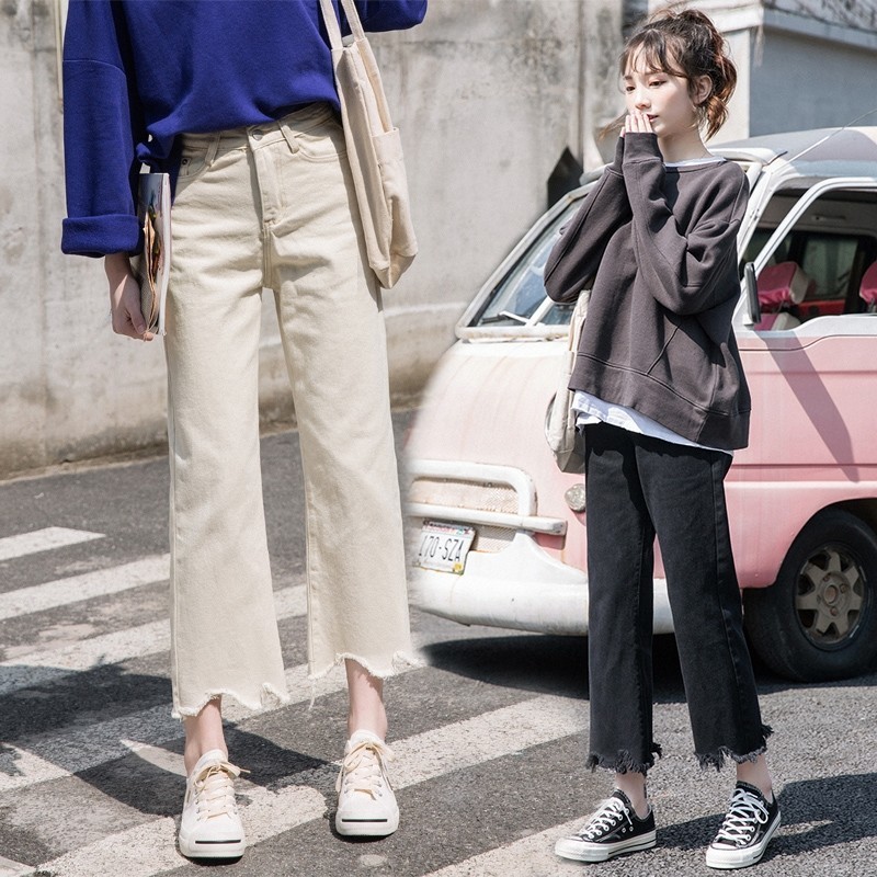 Spring Korea Fashion Women Jeans Irregularity Tassels High Waist Loose Straight Denim Pants Cotton black Wide Leg D170 210512
