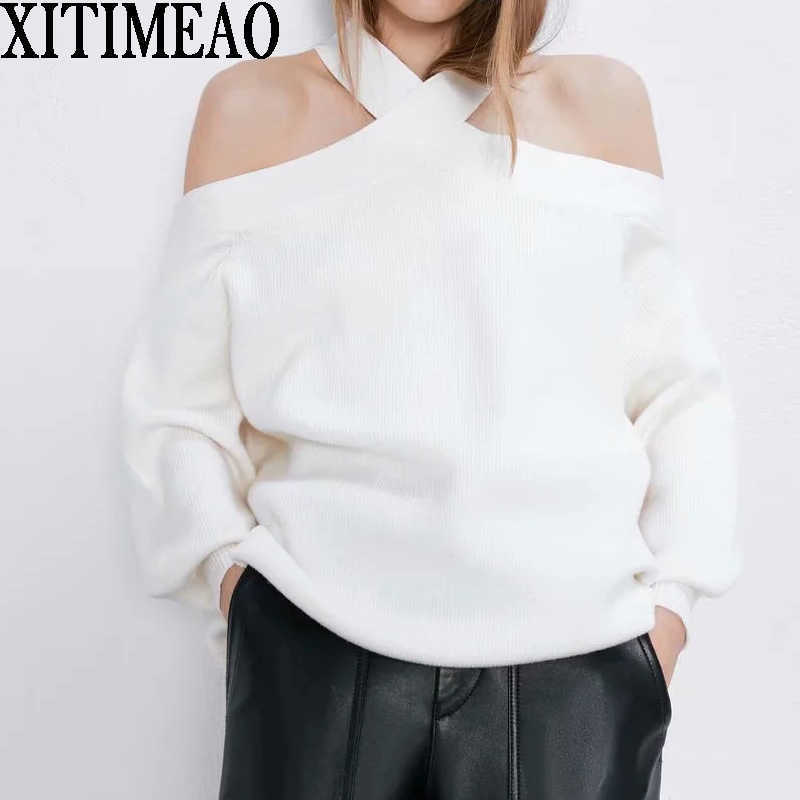 ZA Vintage Stylish Strapless Loose Knitted Sweater Women Fashion O Neck Long Sleeve Female Pullovers Chic Tops 210602
