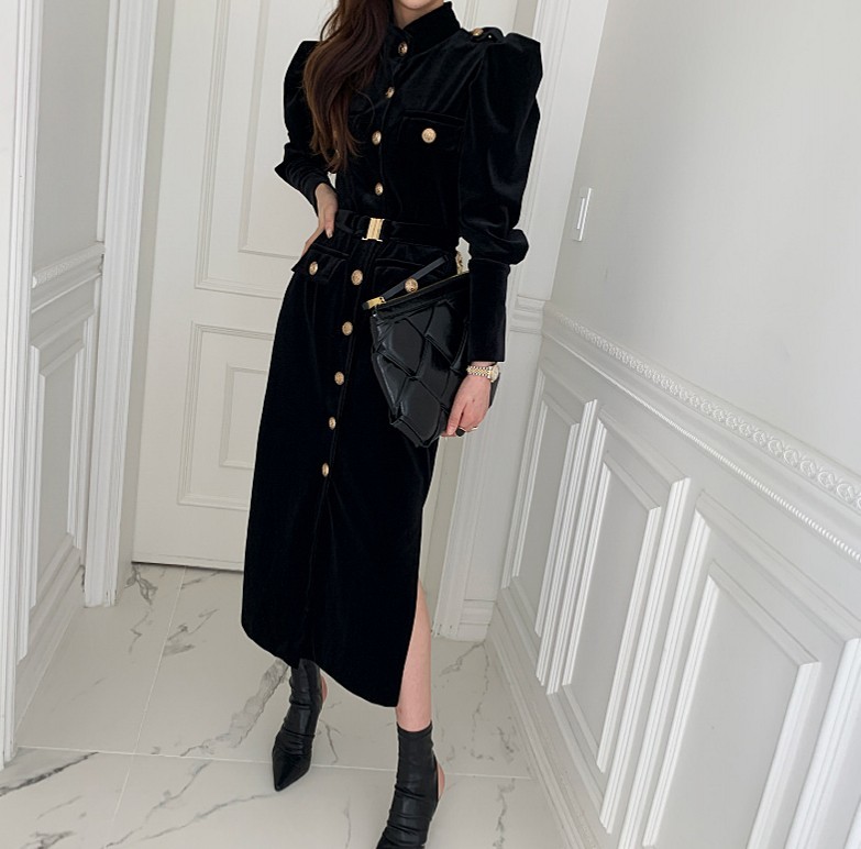 Autumn Winter Women Black Velvet Dress Korean Lady Elegant Long Sleeve Single Breasted Slim Dresses With Belt Female Vestidos 210519